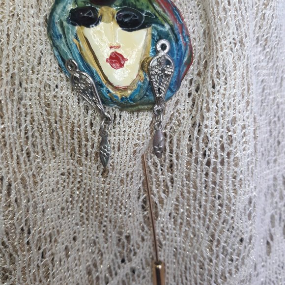 Vintage Collectible Signed NOEMI Sarel Hand Crafted Face Stick Pin  4" X 1.25” - Picture 3 of 9